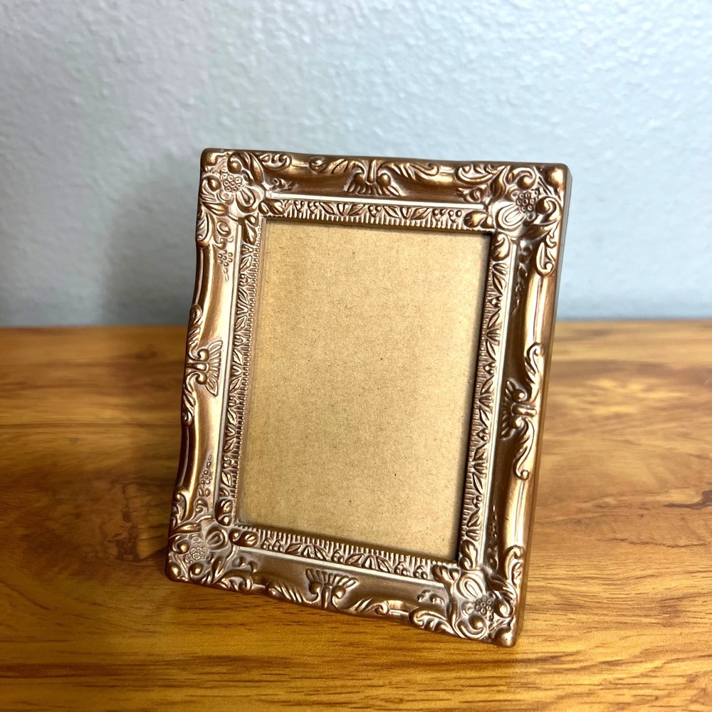 Small Goldtone Photo Frame 2.25" x 3" Ornate Floral Baroque Tabletop Decor